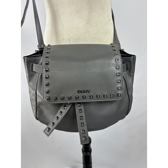 DKNY Crossbody Bag Grey Leather Studs Studded Adjustable Strap - Picture 15 of 15